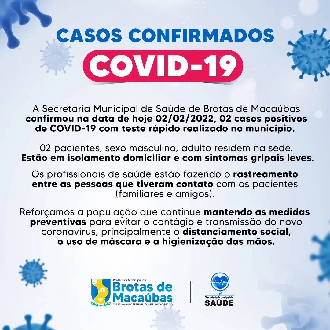 Casos confirmados em 02022022 Prefeitura de Brotas de Macaúbas